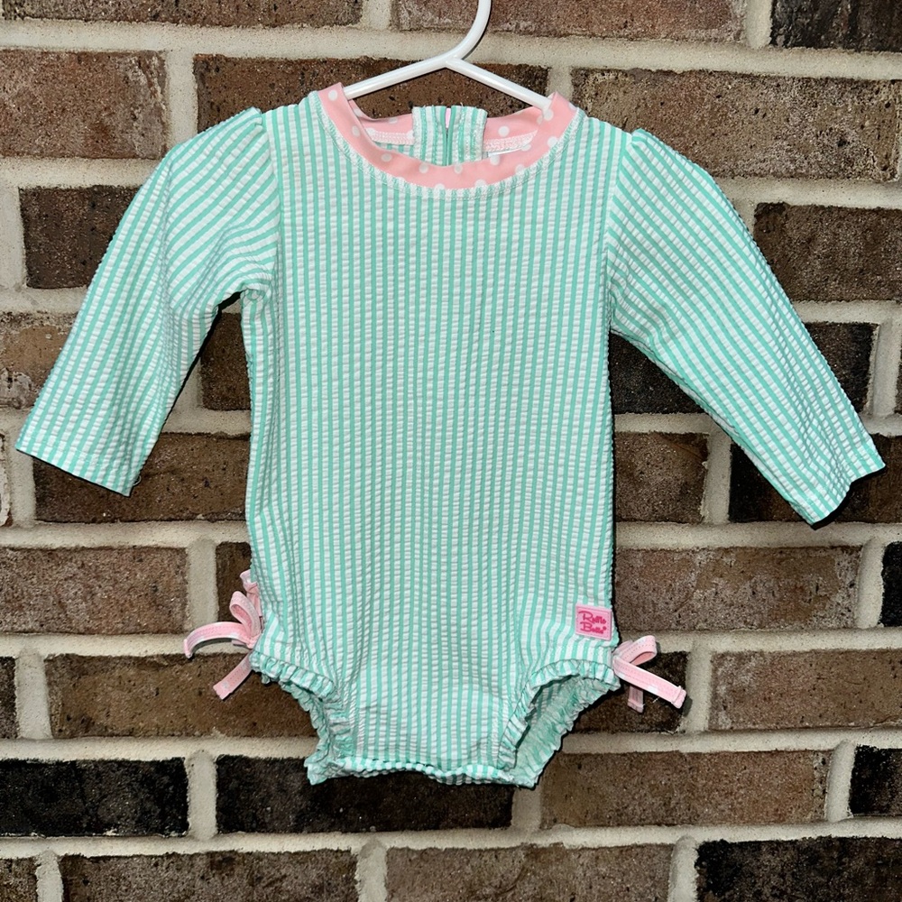 Ruffle Butts 6-12 month Teal Stripe Long Sleeve Rash Guard One Piece Swimsuit